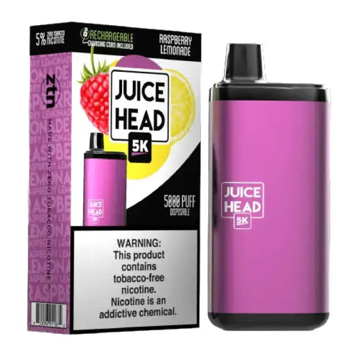 Vaping device and its packaging featuring a ’Juice Head’ brand in pink and black colors.