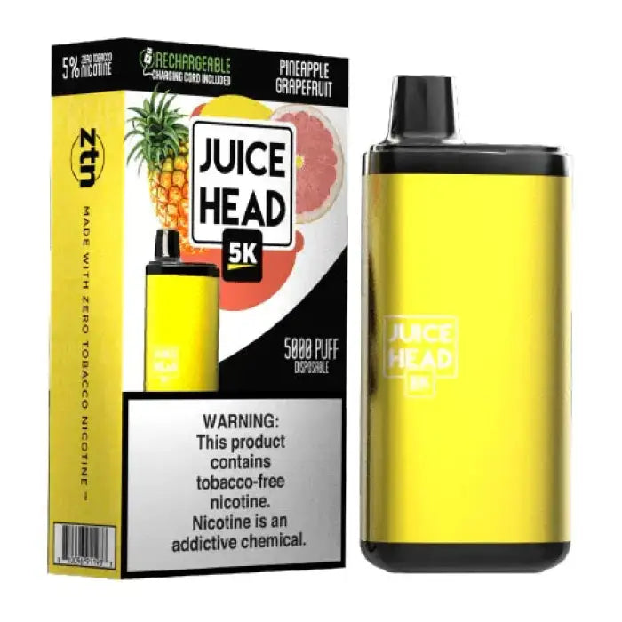 Disposable vape device with yellow body and black mouthpiece, alongside its packaging featuring a pineapple graphic.