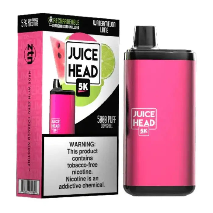 Pink electronic vaping device with its packaging labeled ’Juice Head’.