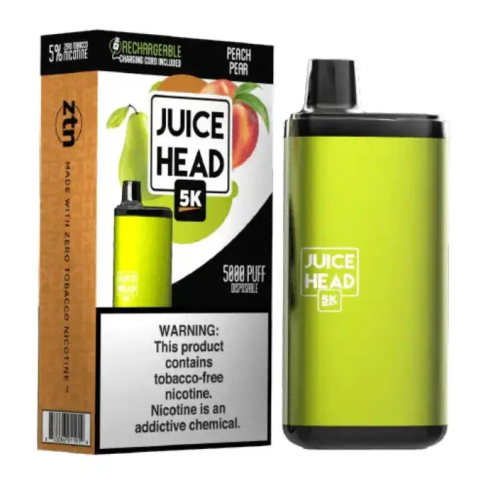 Disposable vape device with bright green body and ’Juice Head’ branding.