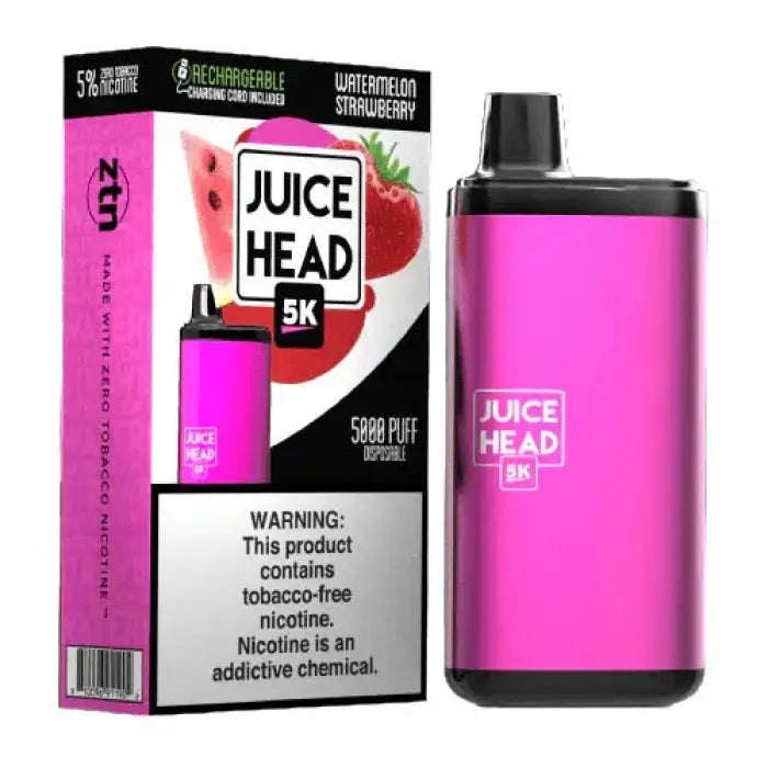 Bright pink vaping device with its packaging featuring a ’Juice Head’ brand logo and strawberry flavor imagery.