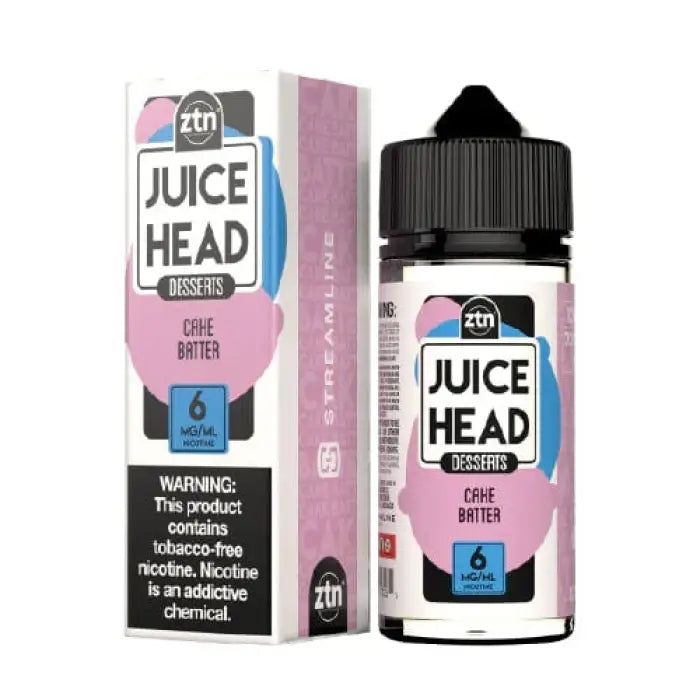 Bottle of e-liquid labeled ’Juice Head’ with cake batter flavor.