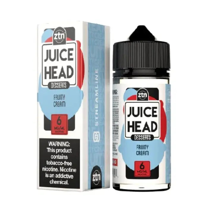 E-liquid bottle and packaging for ’Juice Head’ brand in ’Fruity Cream’ flavor.