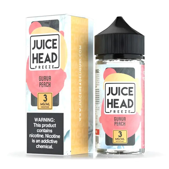 E-liquid bottle labeled ’Juice Head Freeze Guava Peach’ with its packaging box.