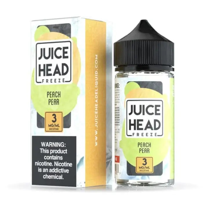 E-liquid bottle and packaging for ’Juice Head Freeze’ in Peach Pear flavor.