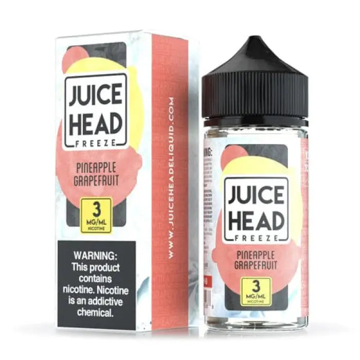 Bottle of Juice Head Freeze e-liquid in Pineapple Grapefruit flavor with its packaging box.