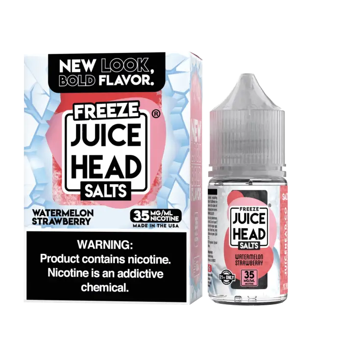 Bottle and packaging of Freeze Juice Head Salts e-liquid in Watermelon Strawberry flavor.