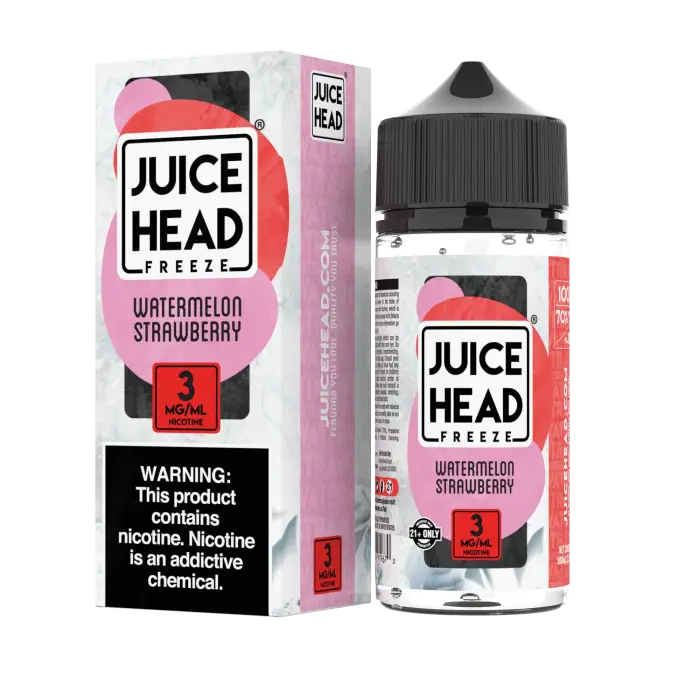 Bottle of Juice Head Freeze e-liquid in Watermelon Strawberry flavor with its packaging.