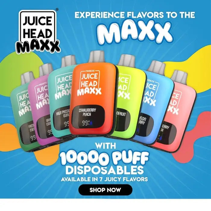 Colorful disposable vape devices in various flavors from the Juice Head Maxx brand.