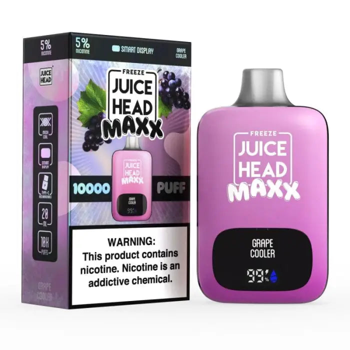 Purple electronic vaping device with ’Juice Head Maxx’ branding and its packaging.