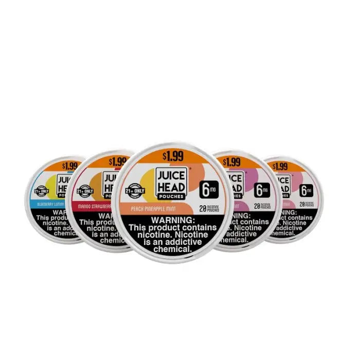 Circular containers of Juice Head brand nicotine pouches in various flavors.