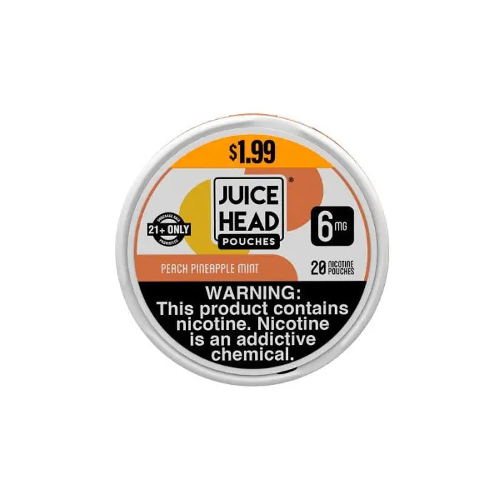 Circular container lid for Juice Head nicotine pouches in peach pineapple flavor.