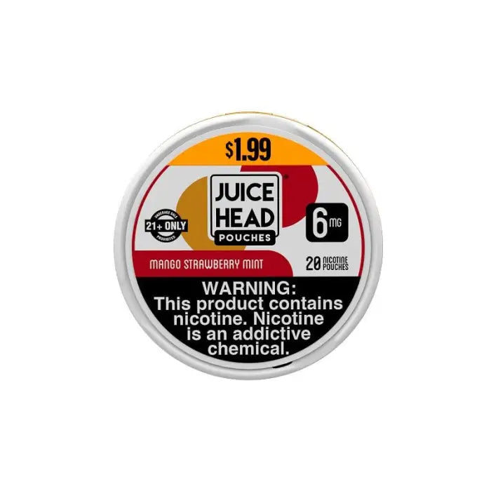 Circular label for Juice Head nicotine pouches with warning text and product information.