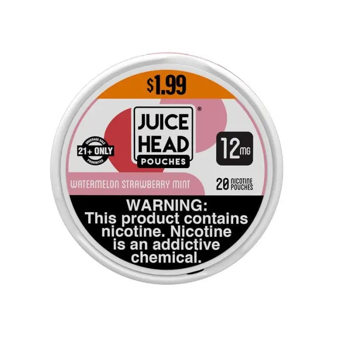 Circular label for Juice Head nicotine pouches with price and warning information.