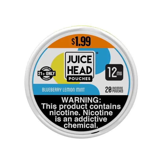 Circular label for Juice Head nicotine pouches in Blueberry Lemon Mint flavor.