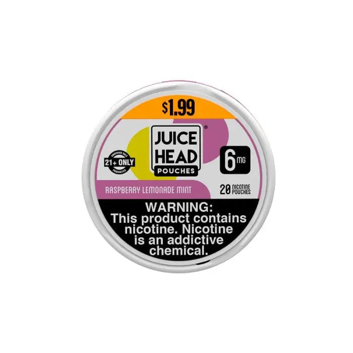 Circular container lid for Juice Head nicotine pouches in raspberry lemonade mint flavor.