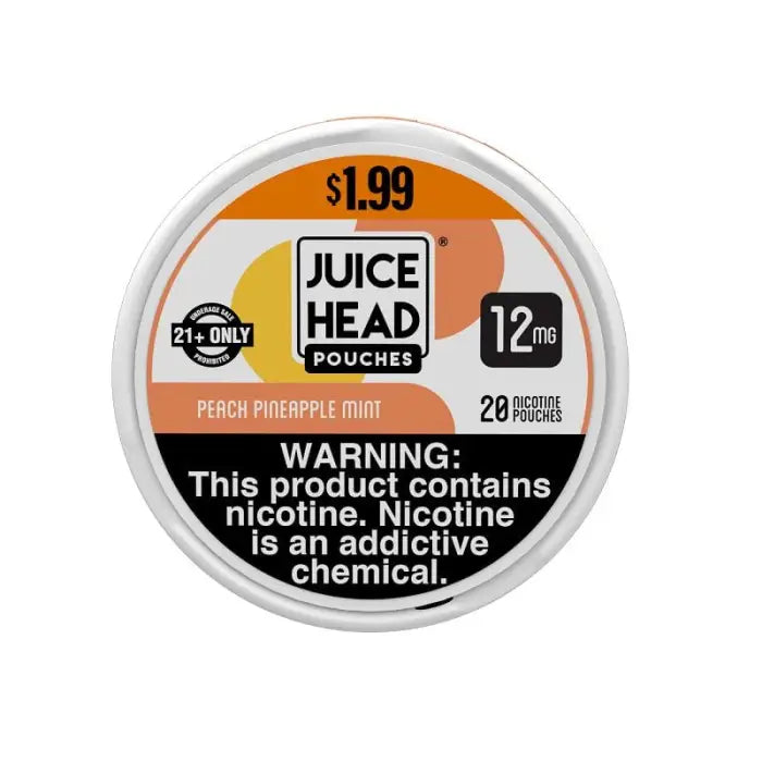 Circular label for Juice Head nicotine pouches in peach pineapple mint flavor.