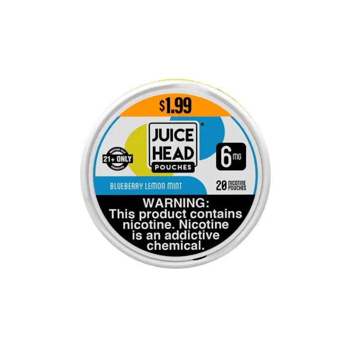 Circular container of Juice Head nicotine pouches in Blueberry Lemon Mint flavor.