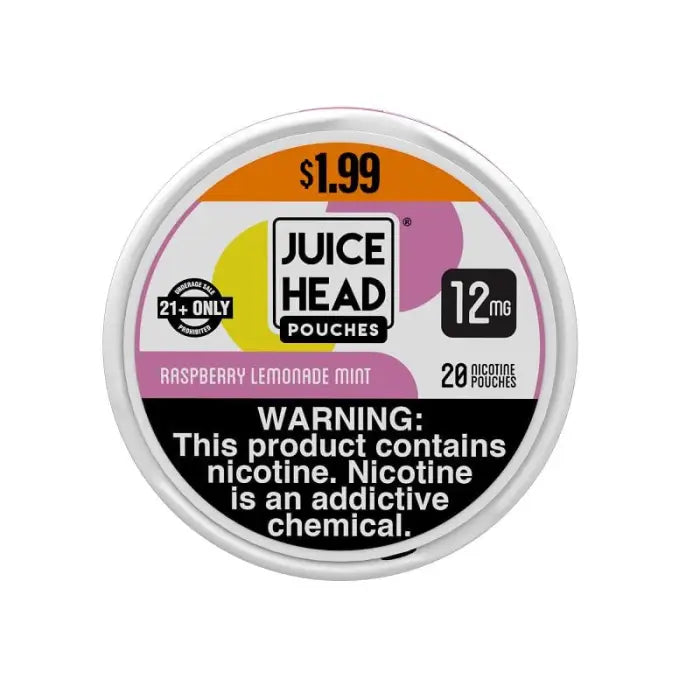 Circular label for Juice Head nicotine pouches with warning text and product information.