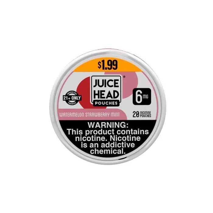 Circular container of Juice Head nicotine pouches with a warning label.