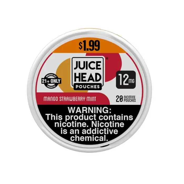 Circular label for Juice Head nicotine pouches with product information and warning.