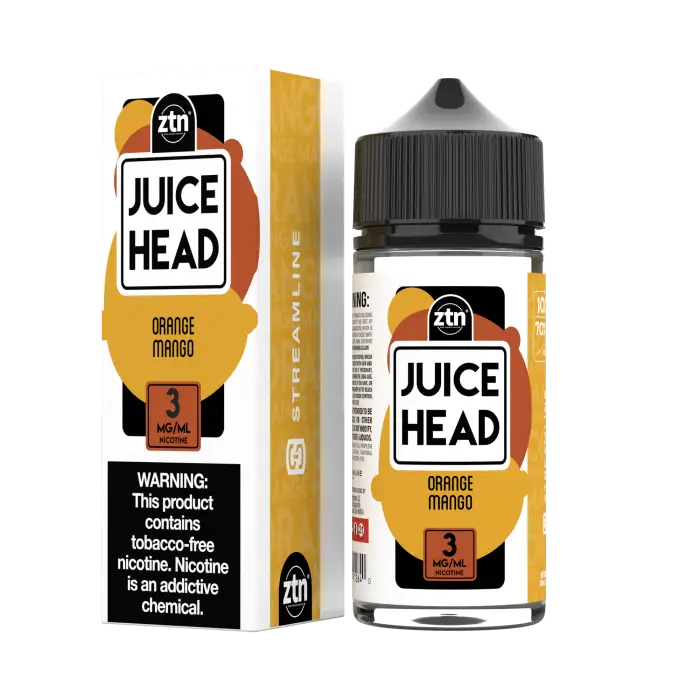 E-liquid bottle labeled ’Juice Head’ with orange mango flavor.