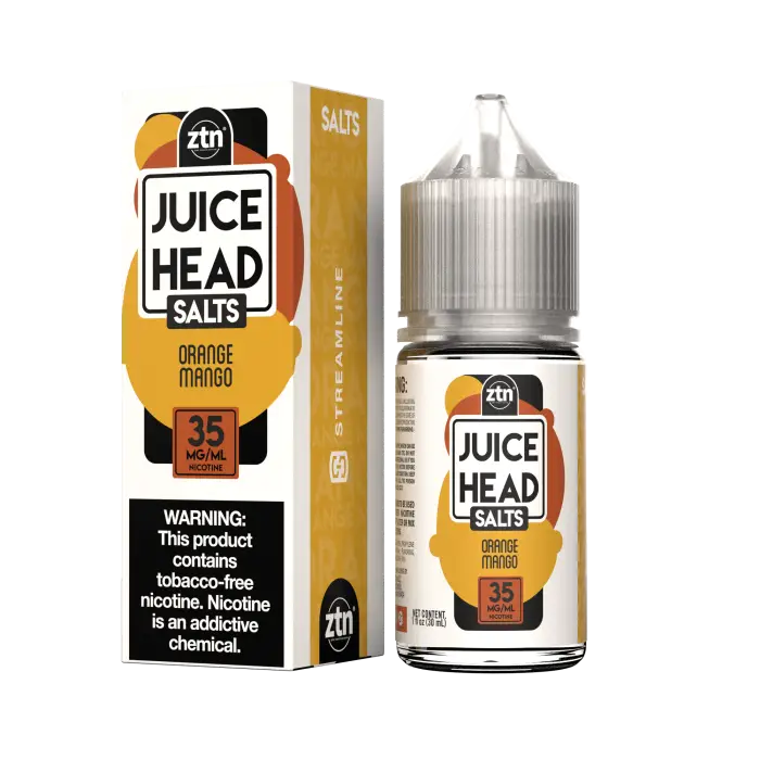 E-liquid bottle and packaging for Juice Head Salts Orange Mango flavor with 35mg nicotine strength.