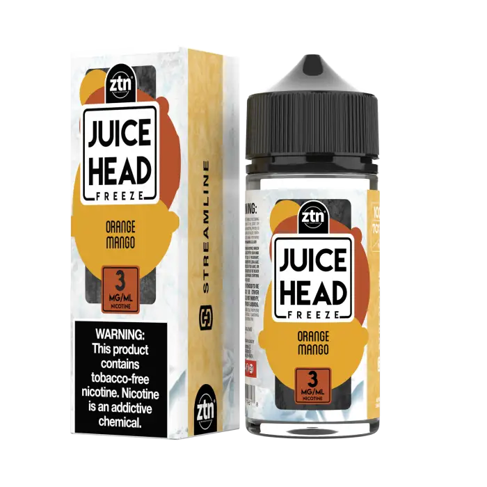 E-liquid bottle labeled ’Juice Head Freeze Orange Mango’ with accompanying product packaging.