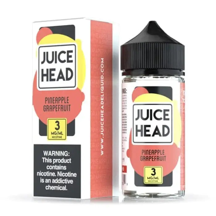 Bottle of Juice Head e-liquid in Pineapple Grapefruit flavor with its packaging box.