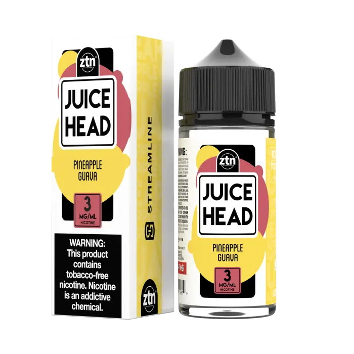 Bottle of ’Juice Head’ pineapple guava flavored e-liquid with its packaging box.