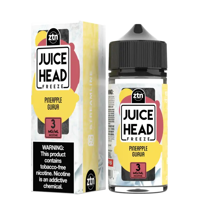 Bottle of Juice Head Freeze e-liquid in Pineapple Guava flavor with its packaging.