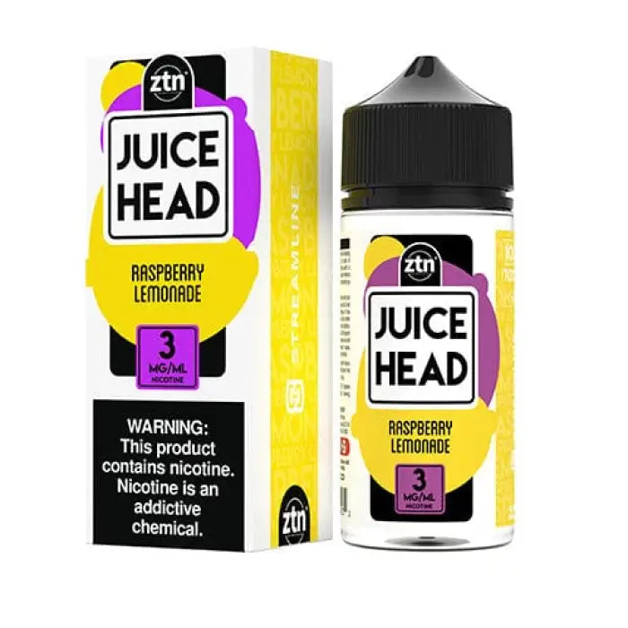 E-liquid bottle labeled ’Juice Head Raspberry Lemonade’ with colorful packaging.