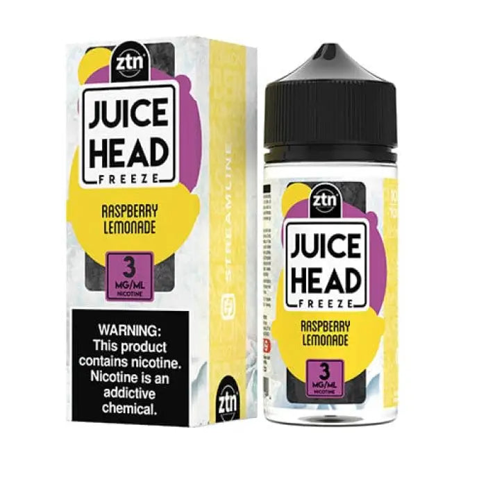 E-liquid bottle and packaging for Juice Head Freeze Raspberry Lemonade flavor.