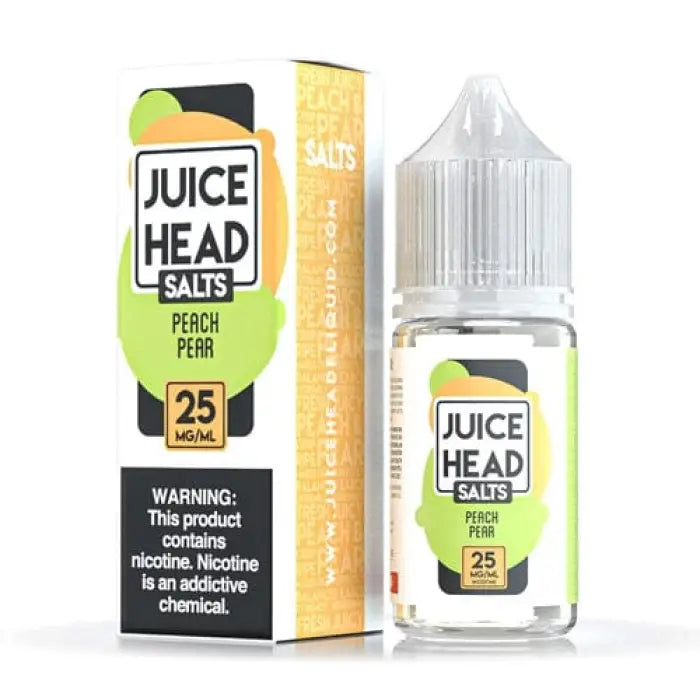 Bottle of e-liquid labeled ’Juice Head Salts Peach Pear’ with its packaging.