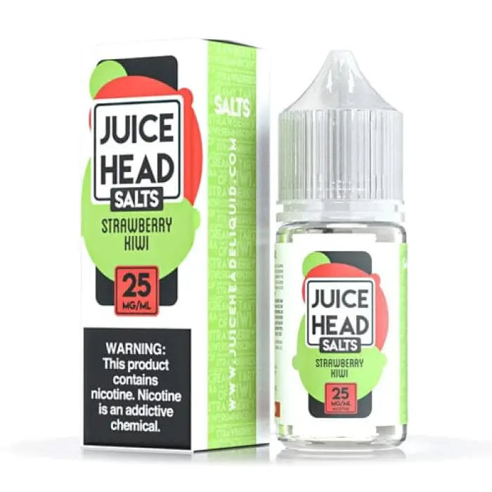 E-liquid bottle and packaging for ’Juice Head Salts’ in strawberry kiwi flavor.