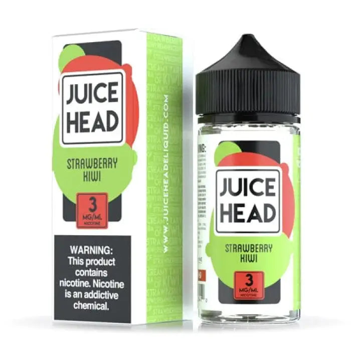 E-liquid bottle and packaging for ’Juice Head’ brand in Strawberry Kiwi flavor.