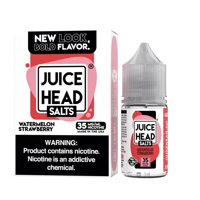 Bottle of Juice Head Salts e-liquid in Watermelon Strawberry flavor with accompanying product packaging.