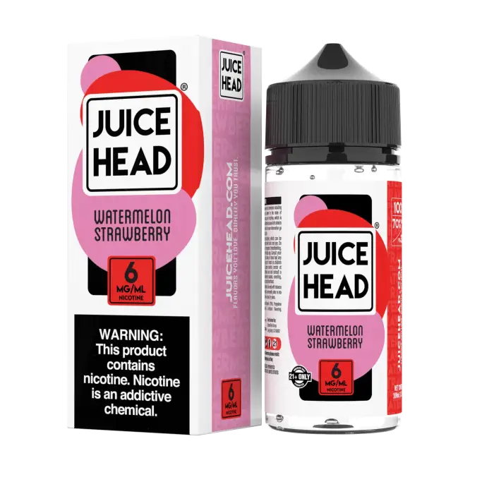 E-liquid bottle labeled ’Juice Head’ in watermelon strawberry flavor with its packaging box.