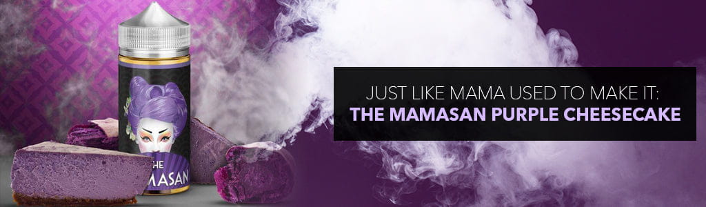 Cylindrical bottle of Mamasan Purple Cheesecake 100ml e-liquid for vaping.