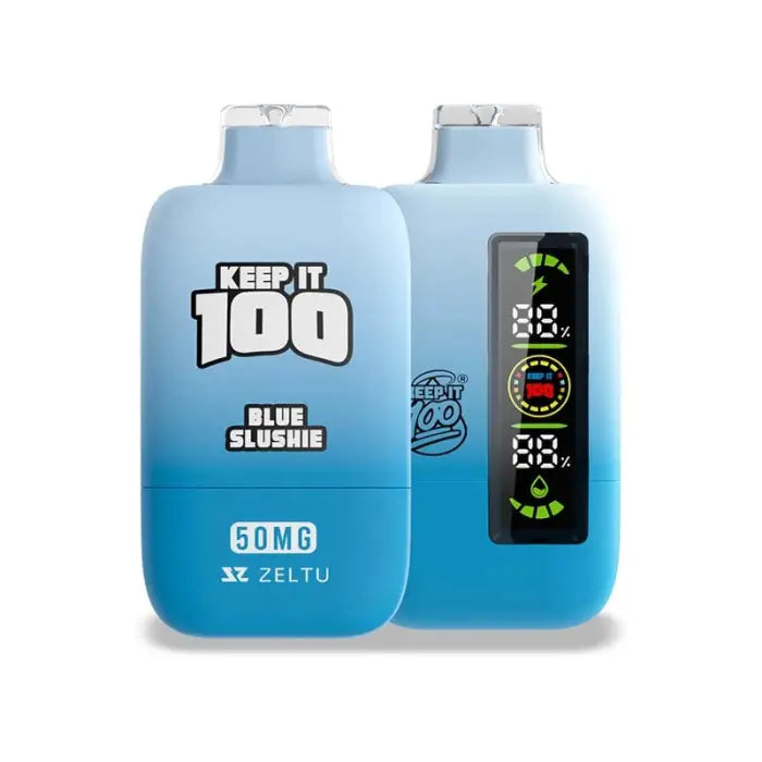 Blue electronic vaping device labeled ’Keep it 100’’ with a digital display.