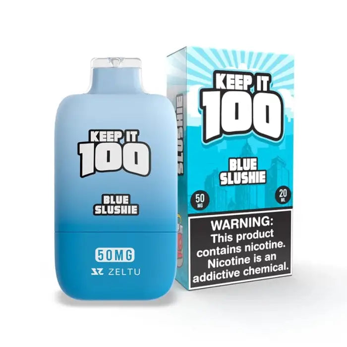 Light blue bottle-shaped container labeled ’Keep it 100 Blue Slushie’ with accompanying product box.