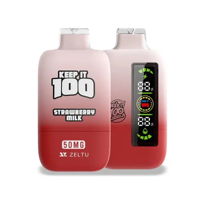 Two pink and red gradient bottles labeled ’Keep it 100 Strawberry Milk’ with digital displays.