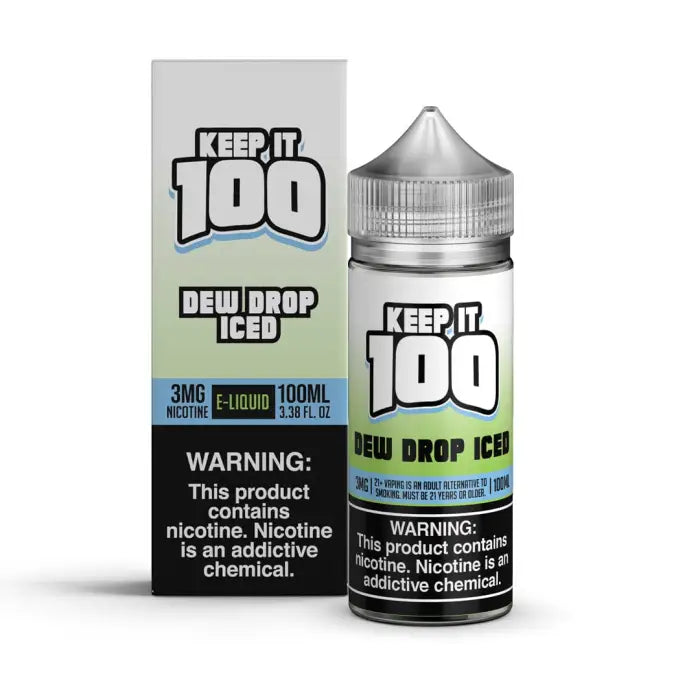 E-liquid bottle labeled ’Keep it 100’’ with ’Dew Drop Iced’ flavor and nicotine warnings.