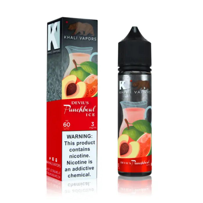 E-liquid bottle and packaging for ’Devil’s Punchbowl Ice’ flavor by Khali Vapors, featuring fruit imagery.