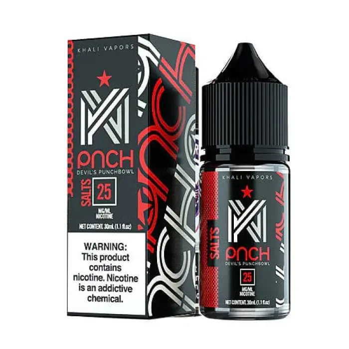 E-liquid bottle and packaging for a vape product called ’Punch’ by Khali Vapors.