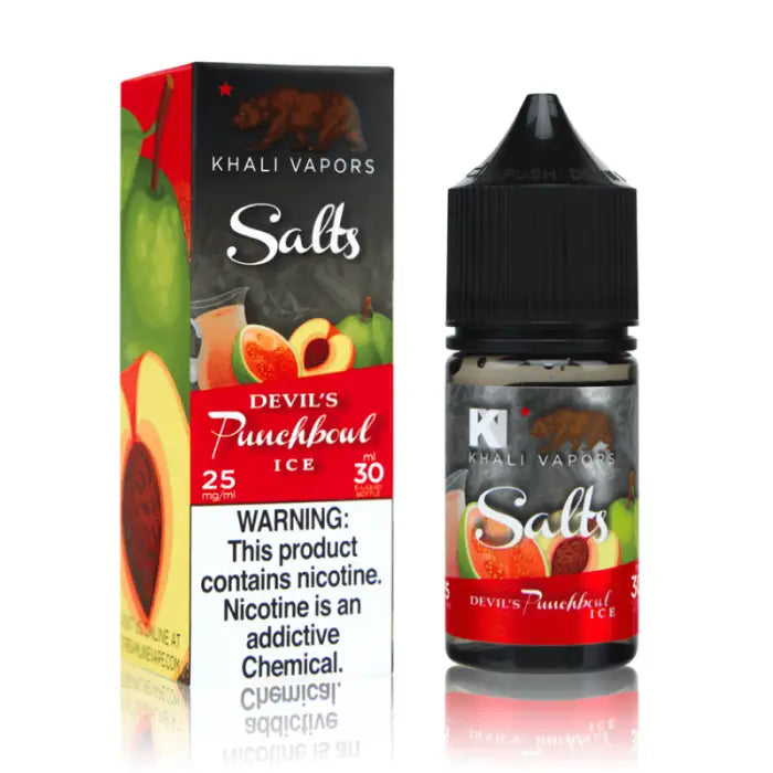 E-liquid bottle and packaging for ’Devil’s Punchbowl Ice’ flavor by Khali Vapors Salts.