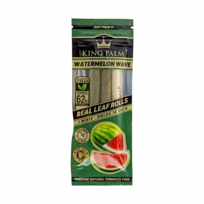 Pack of King Palm brand watermelon-flavored leaf rolls for smoking.