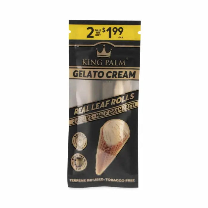 Package of King Palm Gelato Cream flavored leaf rolls for rolling tobacco-free smoking products.