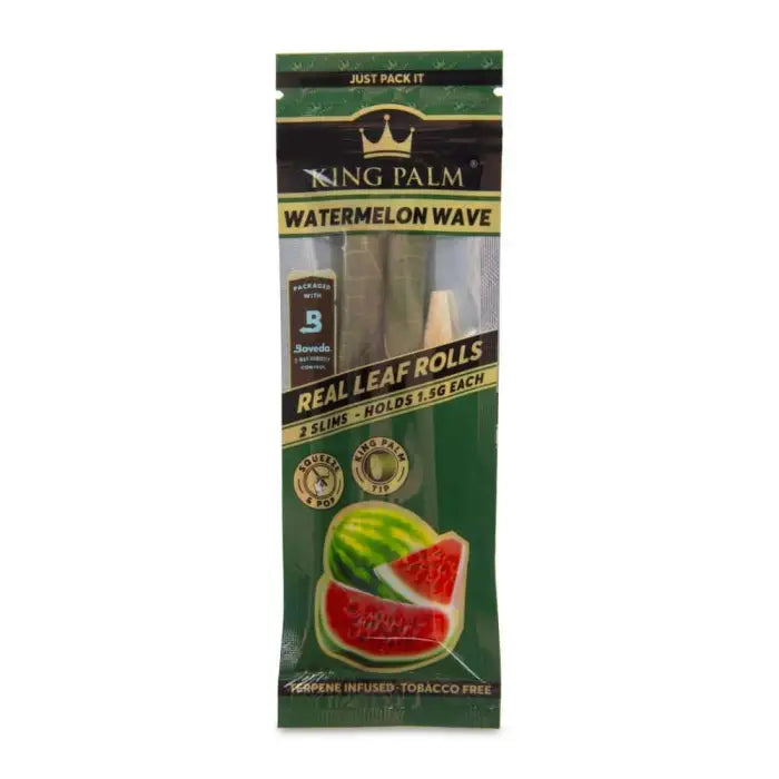 Pack of King Palm ’Watermelon Wave’ flavored leaf rolls for smoking.