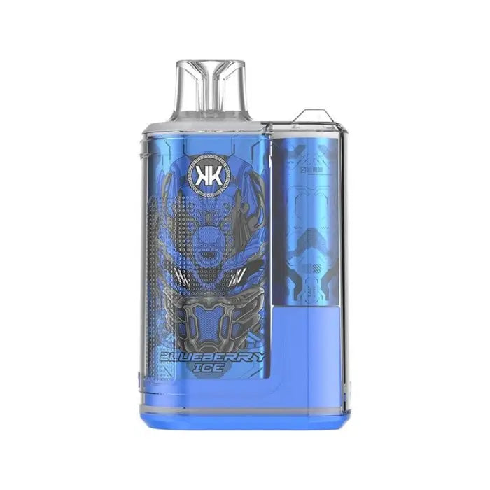 Blue electronic vaping device with a transparent tank and decorative design.